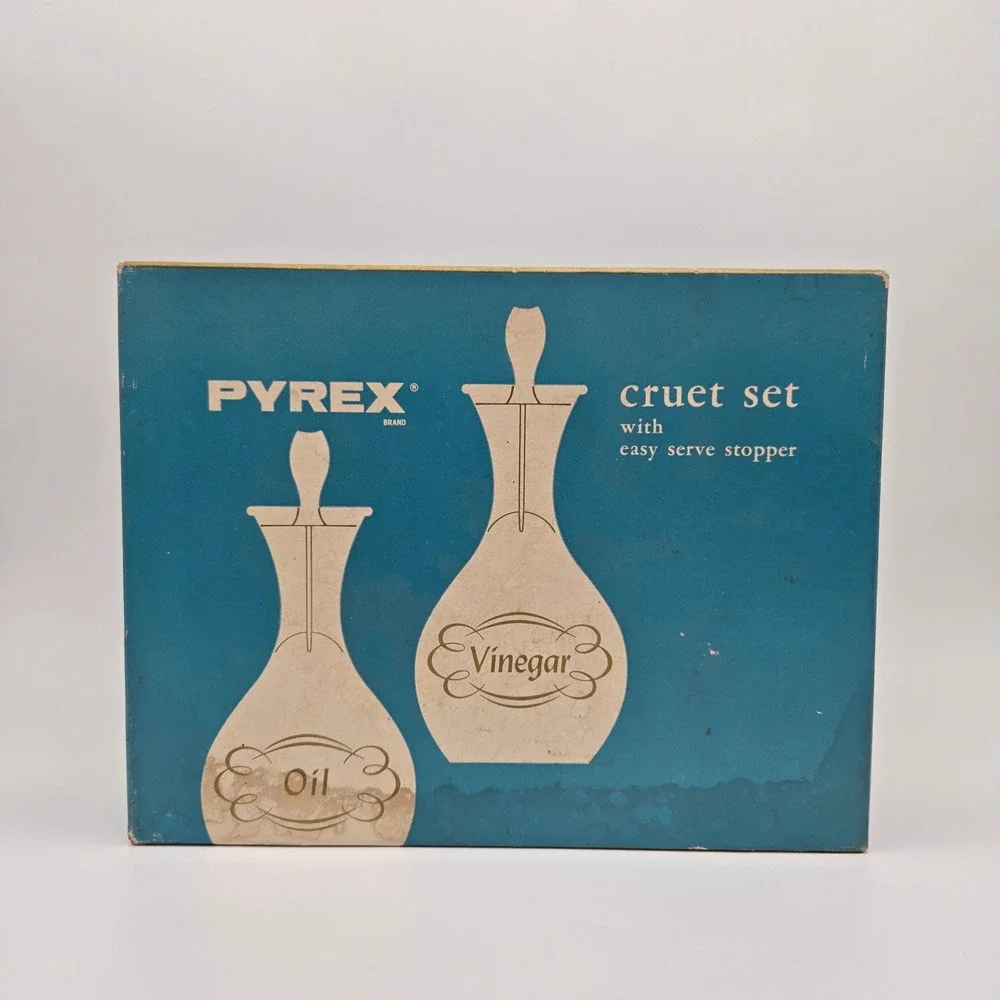 Vintage Pyrex Cruet Set Clear Gold Band Oil Vinegar Mid Century Modern Retro